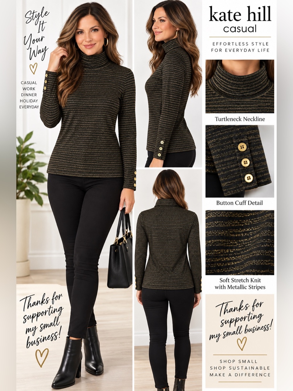 Kate Hill Casual Women’s M Black Gold Metallic Stripe Turtleneck Top NWT